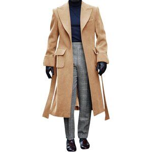 💫 Men Cream Long Casual Trench Coat Notched Collar Warm Winter Pockets Jackets